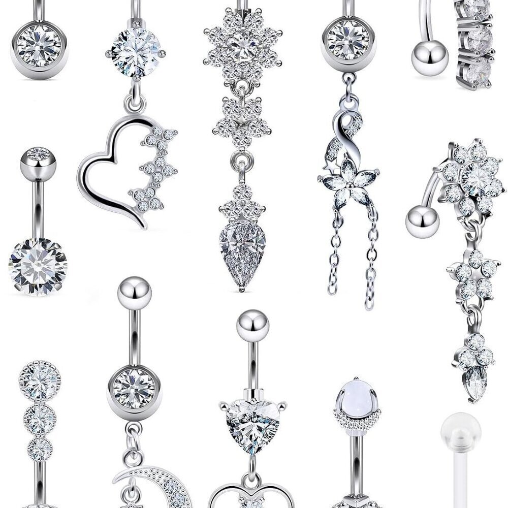 14G Dangle Belly Button Ring Jewelry Surgical Steel CZ Flower Navel Piercing